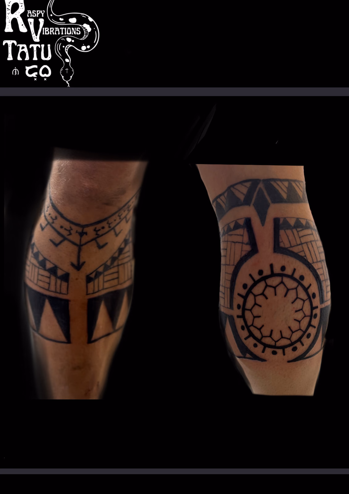 Polynesian blackwork tattoo banding the calf and knee, with a filled sun rosette over the kneecap and stepped triangular borders.