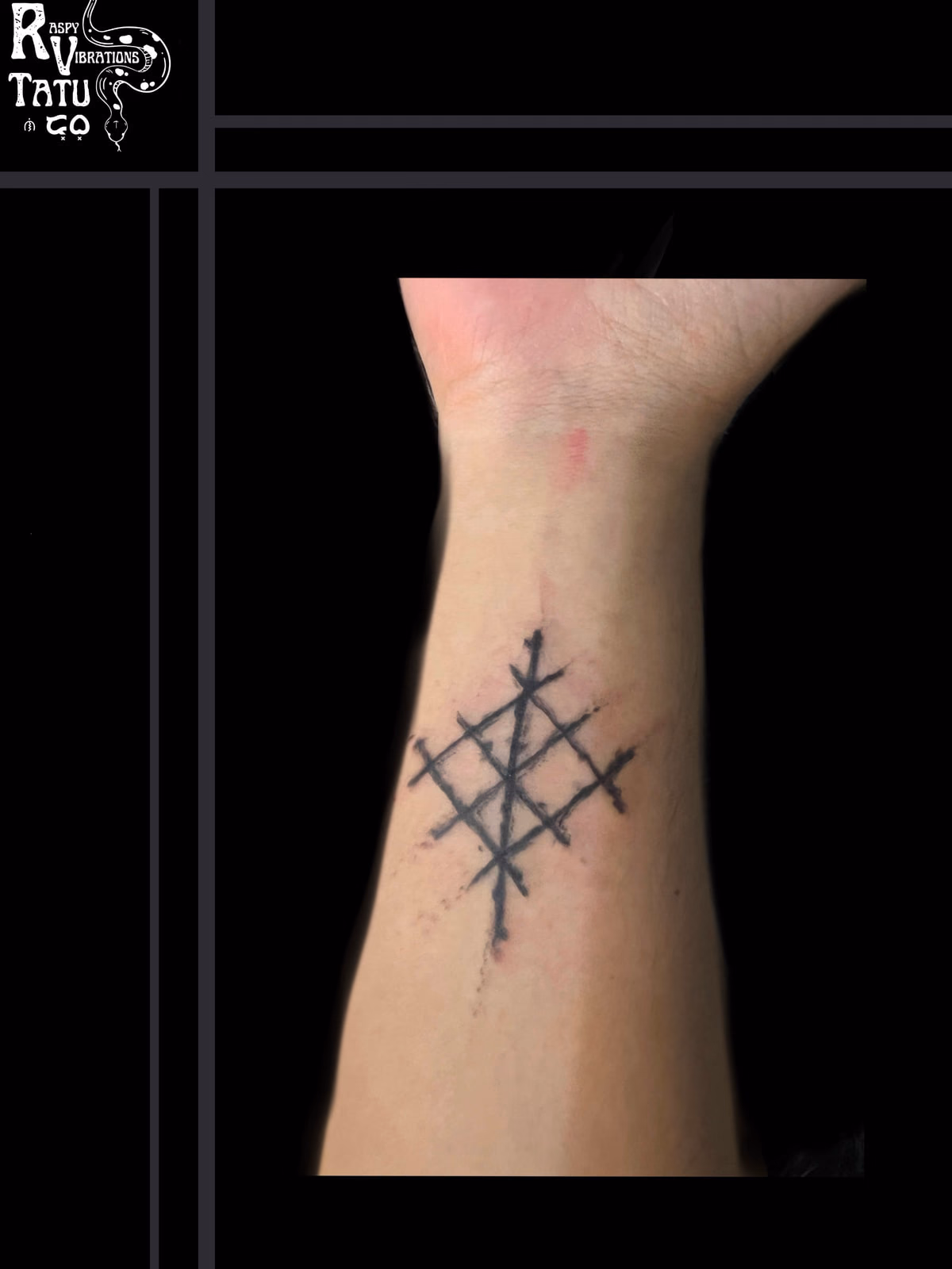 Small angular geometric tattoo on the forearm, six straight strokes crossing to form an open star-like figure.