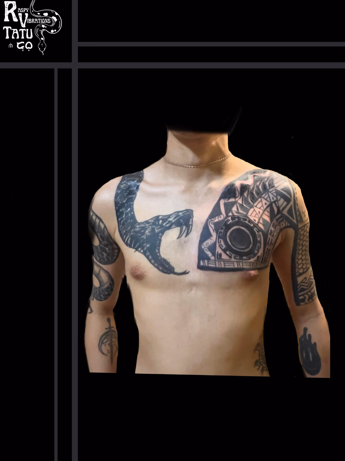 Bare chest carrying two blackwork panels: a coiled snake with open jaws and bared fangs spanning one side of the chest onto the arm, and a geometric Polynesian panel centred on a circular rosette on the other.