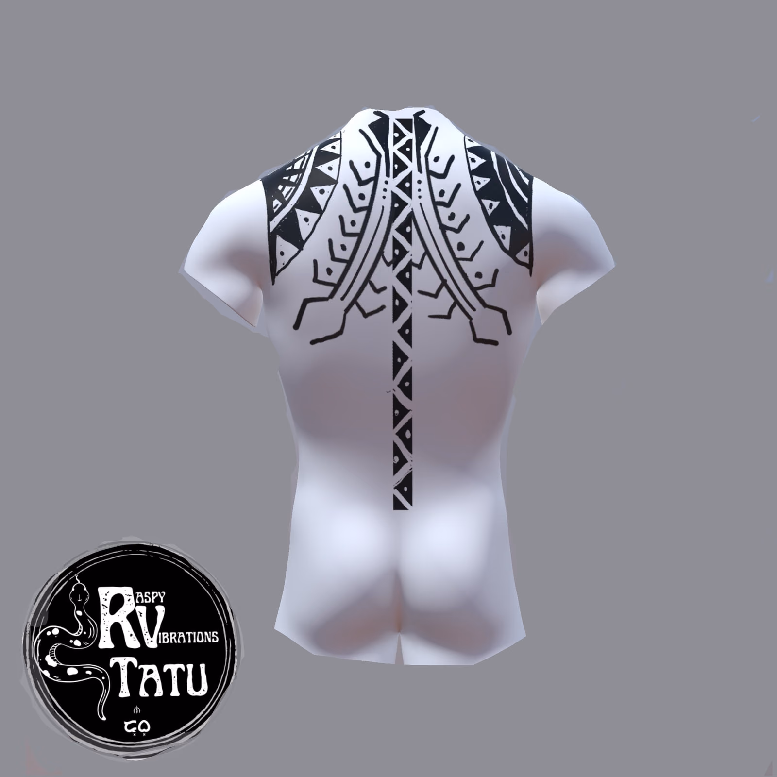 Design study on a white form showing a Polynesian back piece, with a central spine band and blackwork spreading across both shoulder blades.
