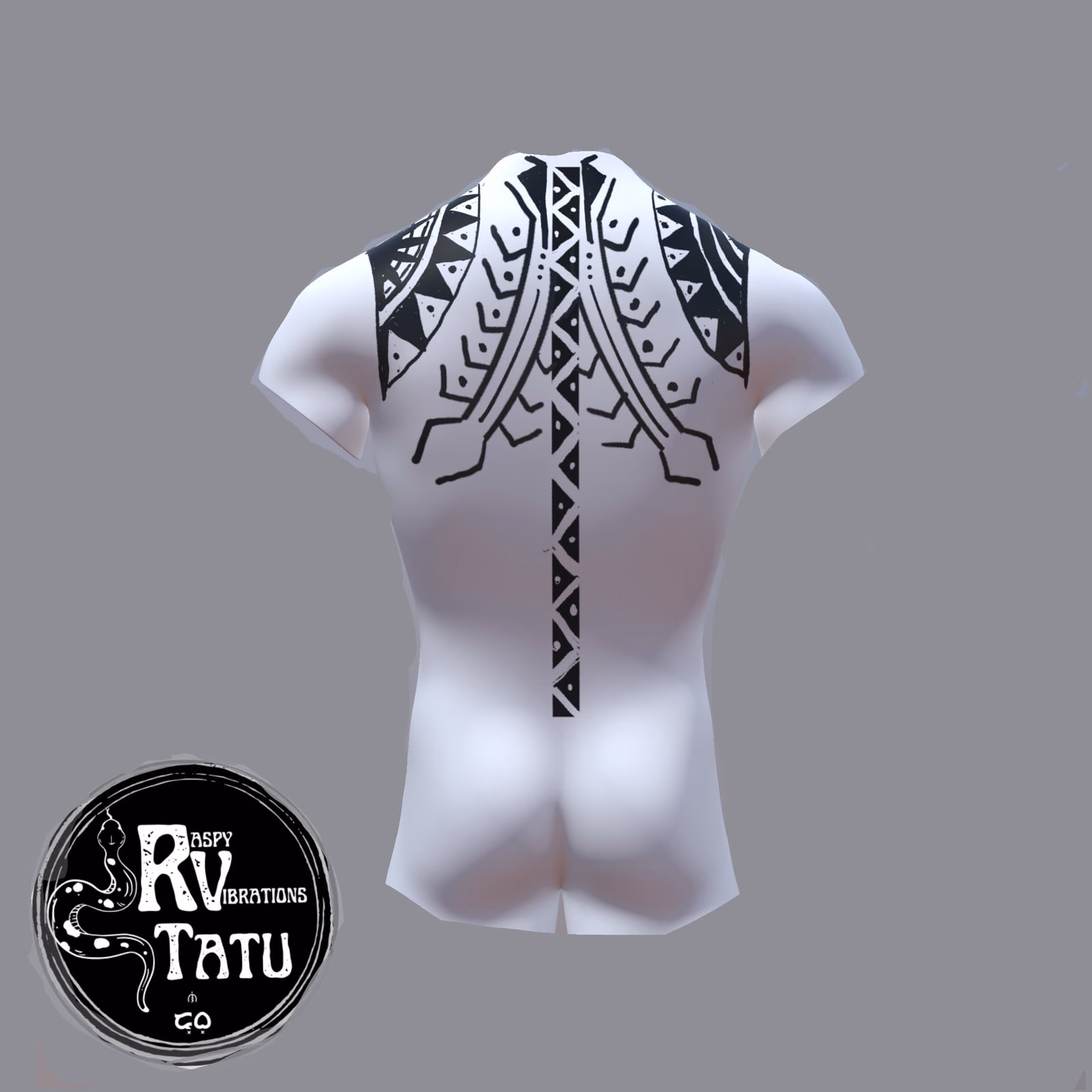 Design study on a white form showing a Polynesian back piece, with a central spine band and blackwork spreading across both shoulder blades.