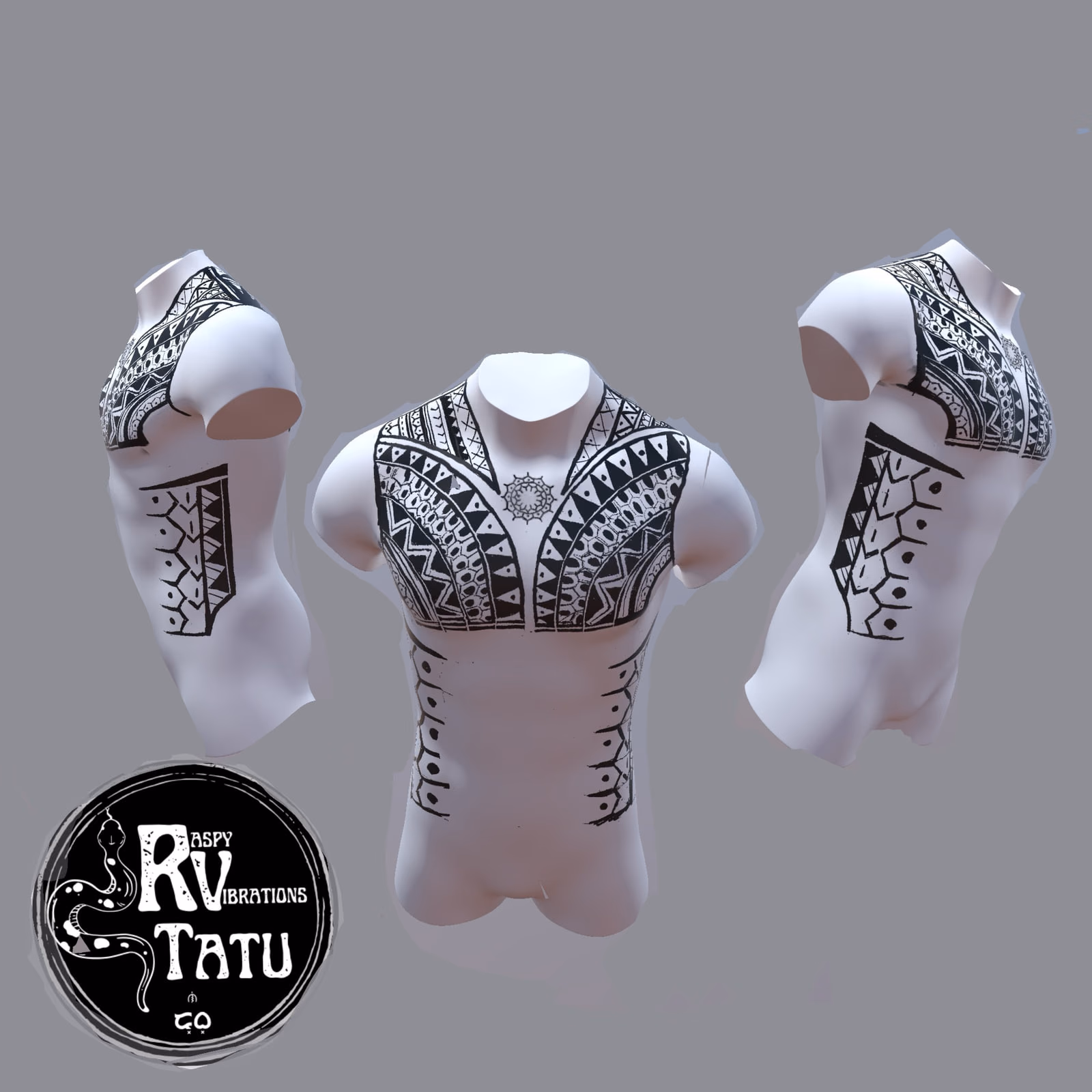 Design study on a white form showing a Polynesian chest and shoulder panel from three angles, with dense banded geometric fill.