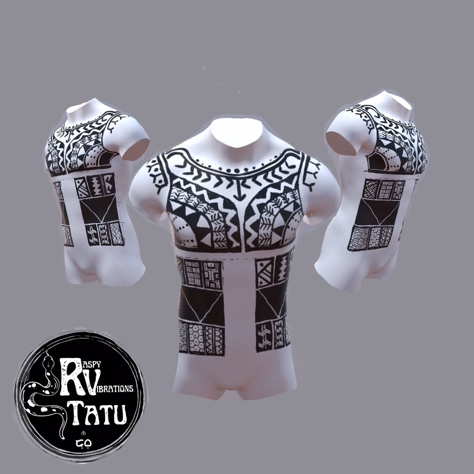 Design study on a white form showing a Polynesian chest, shoulder and upper sleeve from three angles, with dense panelled geometric bands.