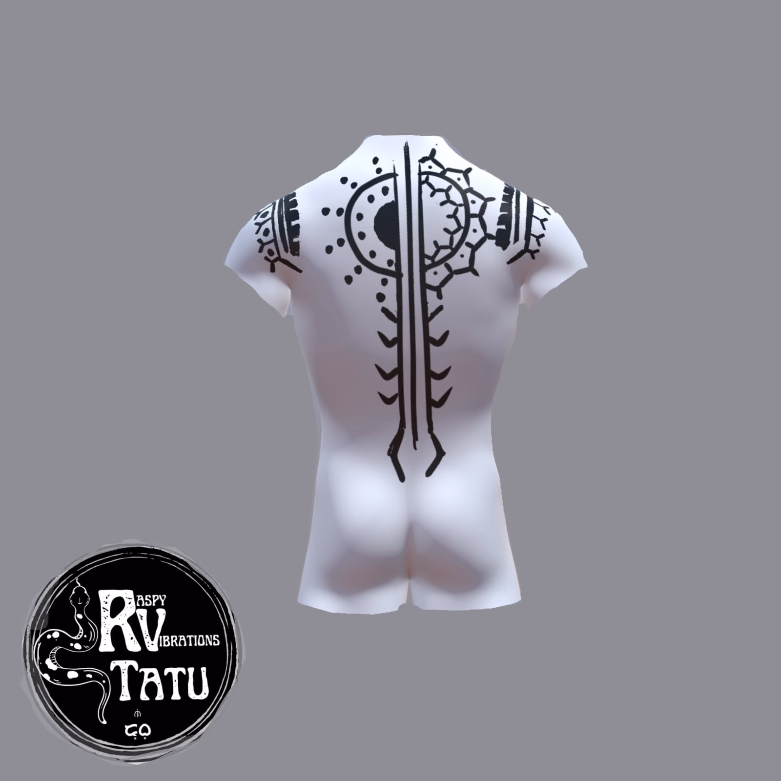 Design study on a white form showing a Polynesian back panel with a rayed sun motif across the upper back and a long tapering spine line.