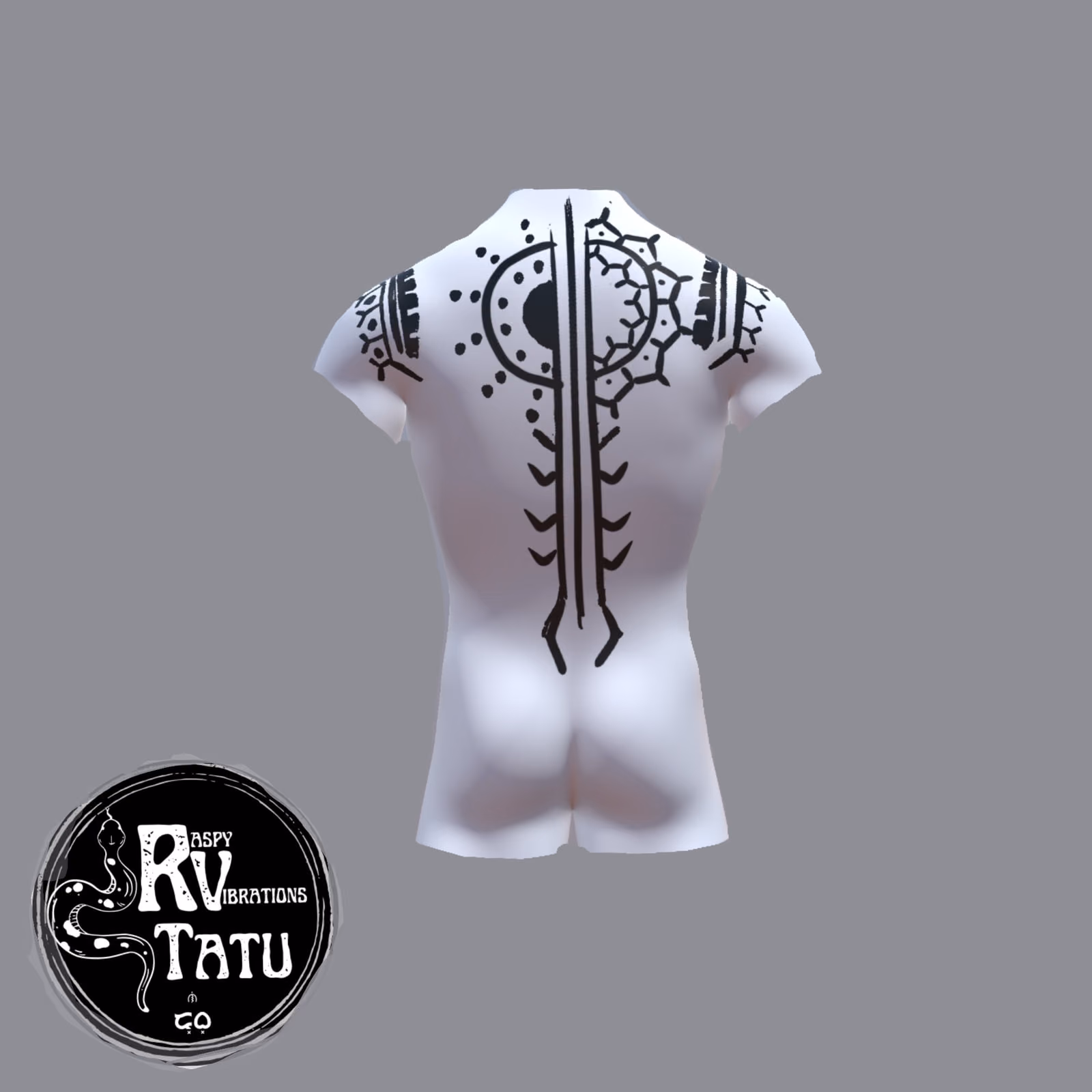 Design study on a white form showing a Polynesian back panel with a rayed sun motif across the upper back and a long tapering spine line.