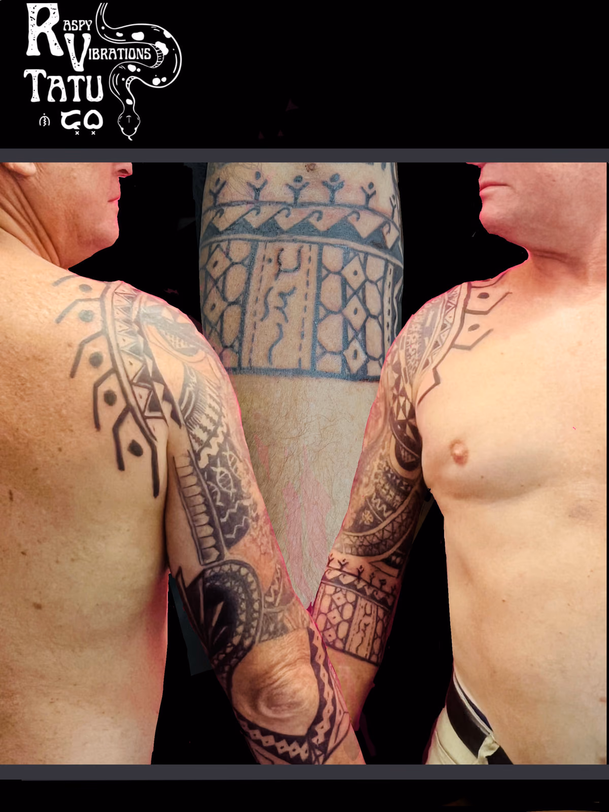 Two clients photographed side by side showing healed Polynesian shoulder and upper-arm blackwork, with a banded panel between them.