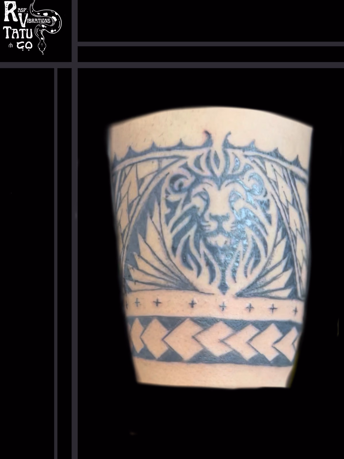 Tattooed thigh panel showing a lion head framed by ornamental scrollwork above a chevron border band.