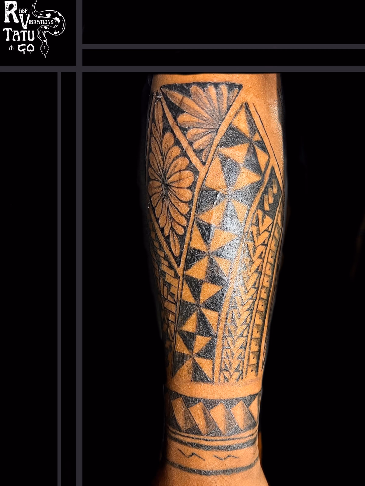 Polynesian leg sleeve tattoo in dense black geometric banding, with rows of triangles and a filled rosette wrapping the calf.